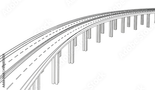 A detailed illustration of a curved highway bridge with multiple lanes and pillars