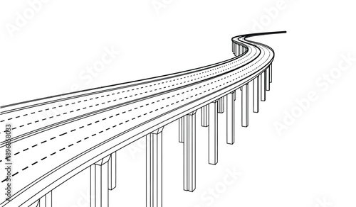 A black and white illustration of a curved highway bridge with multiple lanes and pillars