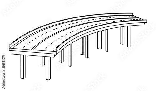 A black and white illustration of a curved road bridge with multiple lanes and pillars