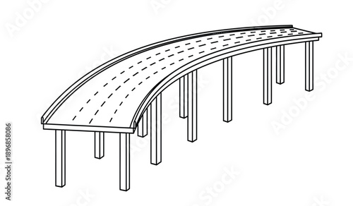 A black and white illustration of a curved bridge with pillars