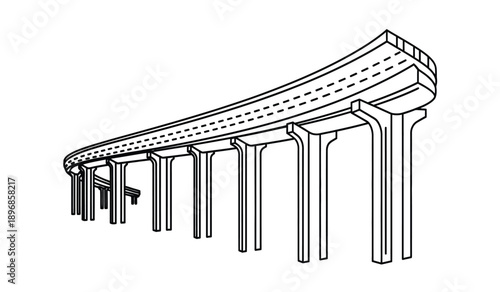 A black and white line drawing of a curved highway overpass with multiple pillars