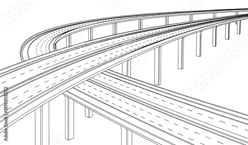 A detailed illustration of a highway interchange with multiple elevated roads and ramps