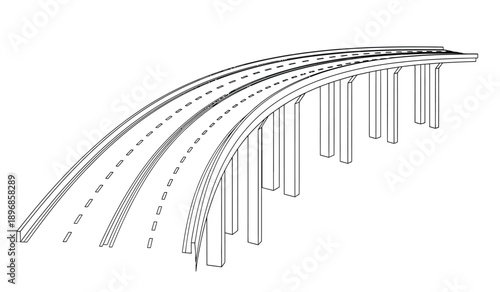 A black and white illustration of a curved train track with multiple rails and supports