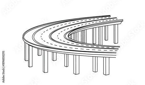 A black and white illustration of a curved highway road on elevated pillars