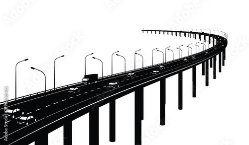 A black and white illustration of a highway bridge with streetlights