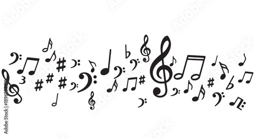 vector music notes and symbols, treble clef, black on white background, musical notation elements, for music education or composition, Isolated on transparent background, png