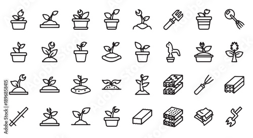 Vector gardening icons set, including plants, pots, tools and bricks, for landscaping or DIY project illustration, Isolated on transparent background, png