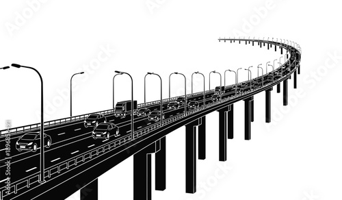 A black and white illustration of a curved highway bridge with multiple lanes and streetlights