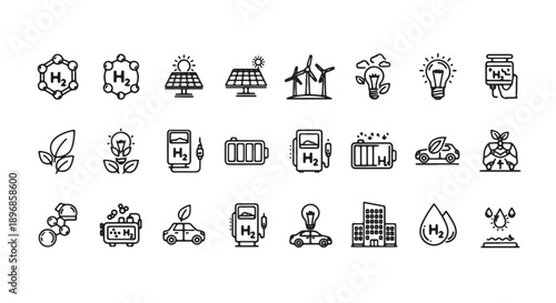 Eco-friendly energy icons set, including solar panel, wind turbine, light bulb, and recycling symbol, for website or presentation, isolated on transparent background, png