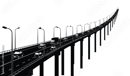 Black silhouette of a highway bridge with cars and streetlights at sunset or sunrise