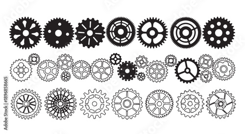 Vector gear icons set, mechanical cogs and wheels, for engineering, technology or industry design, isolated on transparent background, png