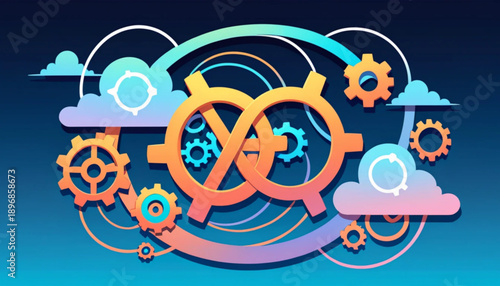 DevOps icon illustration, infinity loop combined with gears and cloud, modern flat vector style, 