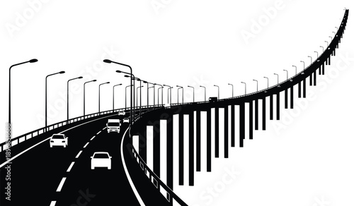 Black and white illustration of a highway bridge with cars and streetlights