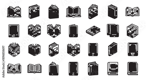 Black and white vector icons of various file folders and documents, isolated on transparent background, png