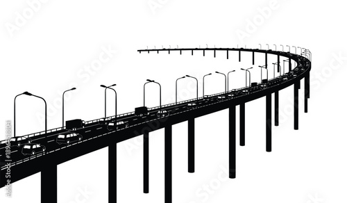 A black silhouette of a highway bridge with streetlights and cars driving on it