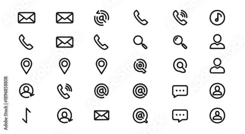 Vector communication icons set, including phone, email, map pin, and social media symbols, for website, app, or UI design. Isolated on transparent background, png