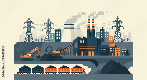 Industrial coal mining operation with factory and power lines.