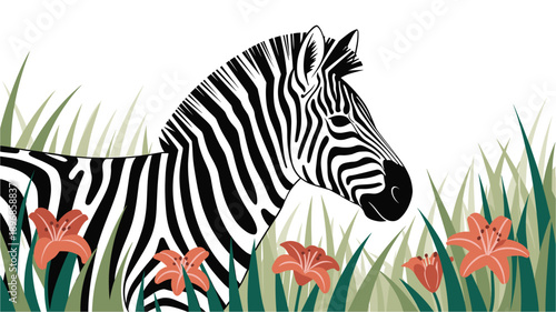A vector graphic illustration of a zebra standing in a field of flowers and grass with a white background