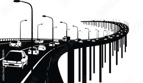 Black and white illustration of a busy highway with cars and streetlights