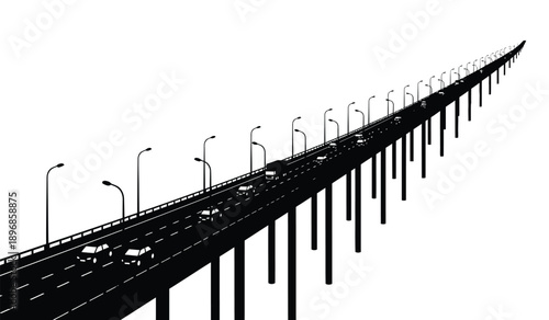 A black silhouette of a long elevated highway with streetlights and cars driving on it