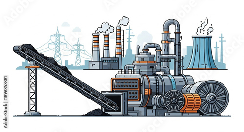 Industrial coal power plant with conveyor belt and cooling towers.