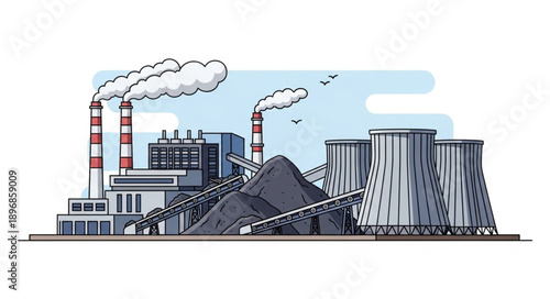 Industrial Coal Power Plant with Smoke Stacks and Coal Pile.