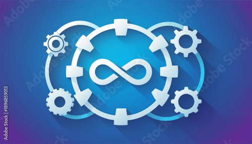 DevOps icon illustration, infinity loop combined with gears and cloud, modern flat vector style, 