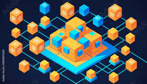 Cryptocurrency and fintech concept illustration, connected blocks, peer-to-peer network idea, modern minimalist vector art