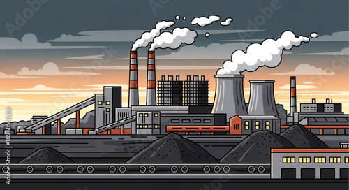 Industrial Coal Power Plant with Smoke Stacks and Cooling Towers.