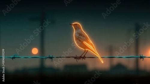 Neon bird perched on neon wire fence glowing with bright electric lines, digital wildlife urban scene with glowing bird silhouette on wire fence