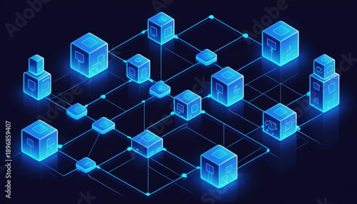 Digital currency and financial technology concept illustration, connected blocks, peer-to-peer network idea