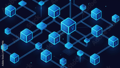 Digital currency and financial technology concept illustration, connected blocks, peer-to-peer network idea