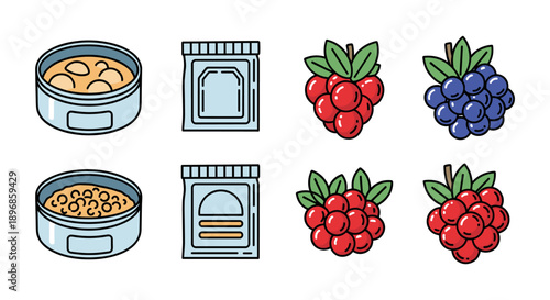 A vibrant collection of food-related vector icons, including canned goods, packaged items, and fresh berries, perfect for culinary and grocery-themed designs.