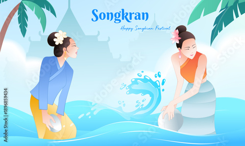 Thailand Songkran Celebration Happy People Traditional Thai Architecture Tropical Plants