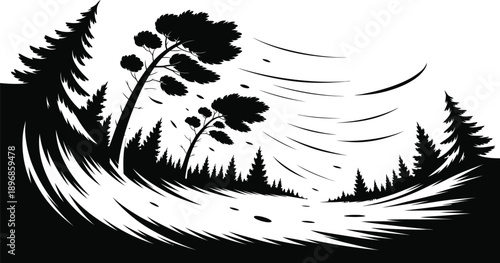 Stylized strong wind severely bends tall pine trees in a dark forest during a natural disaster event.