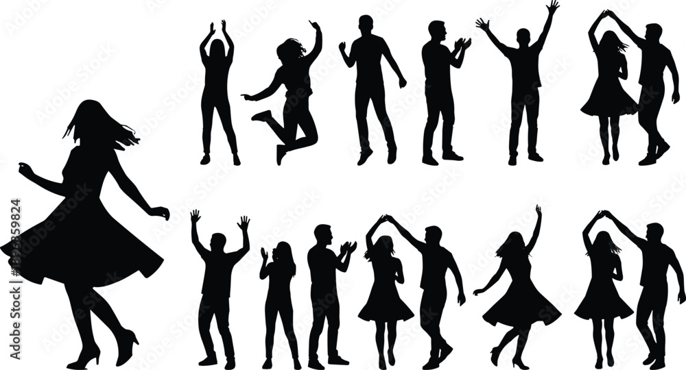 Obraz premium Black Silhouettes of People Dancing and Celebrating, Happy Men and Women in Various Joyful Poses Isolated on White Background Vector