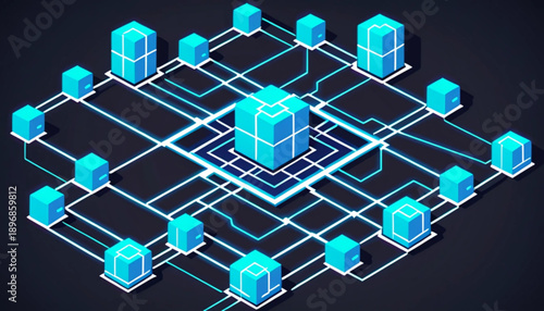 Digital currency and financial technology concept illustration, connected blocks, peer-to-peer network idea