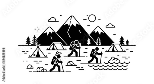 Hikers trekking through a scenic mountain landscape with tents.