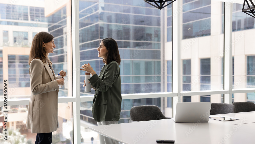 Fototapeta premium Two multiethnic businesswomen standing by panoramic window in modern skyscraper office with city view, engaged in casual conversation, joint project discussion, exchange idea during break in boardroom