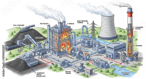 Illustration of a large industrial power plant with smoke stacks.