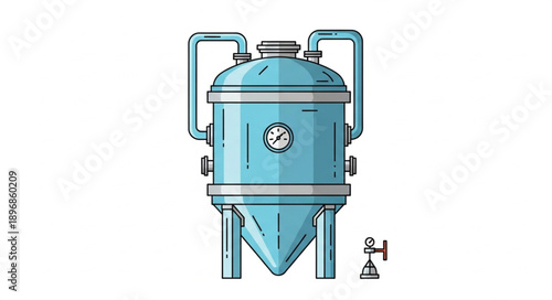 Industrial blue fermentation tank with gauges and pipes.