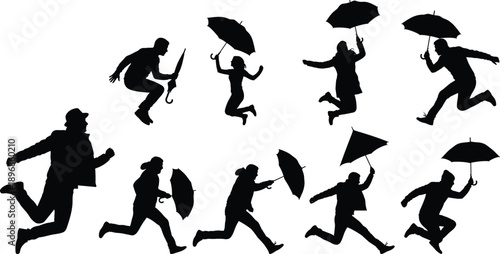 Set of black silhouettes featuring men and women jumping, running, and dancing with umbrellas in the rain on white background.