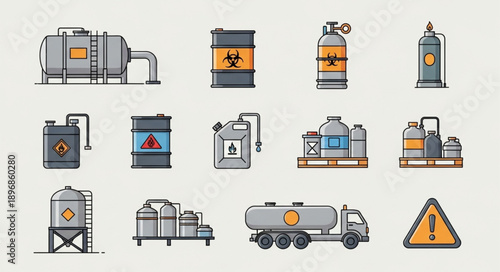 Industrial chemical and hazardous material storage and transport icons.