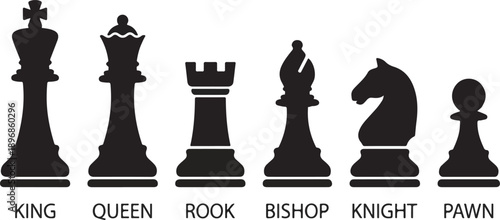 Chess Piece Icon Set with Names Black Silhouette Board Game Collection for 2026 Strategy Design