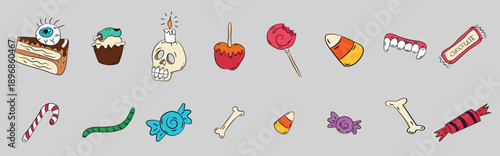 Holiday sweets collection Charming and cute hand drawn vector treats in flat style. Halloween candies set. Whimsical Halloween sweets isolated on white  vector illustration.