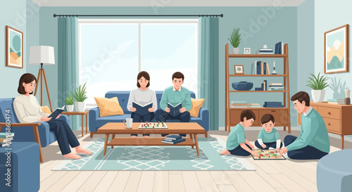 Family gathers together in a cozy living room, playing and relaxing on couches and floor, surrounded by furniture and decorations.