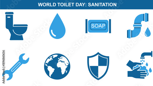 Blue icons related to World Toilet Day and sanitation arranged in two rows