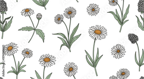 Charming seamless pattern featuring hand-drawn chamomile and daisy flowers with delicate green stems, perfect for textile design or digital backgrounds.