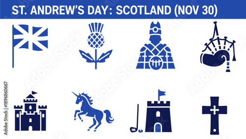 Blue icons representing Scottish symbols for St Andrews Day above a white background