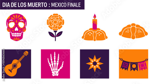 Colorful flat icons related to Día de los Muertos including skull marigold candle bread guitar hand star banner